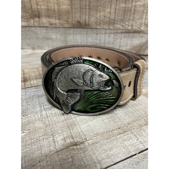 Vintage Genuine Split Cowhide Belt w/ Bergamot Brass Works Fish Buckle XL 42-44 - Picture 1 of 6